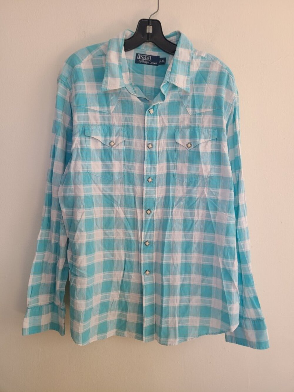 Polo Ralph Lauren Western Shirt Men XL Blue Plaid Pearl Snap Lightweight Cowboy